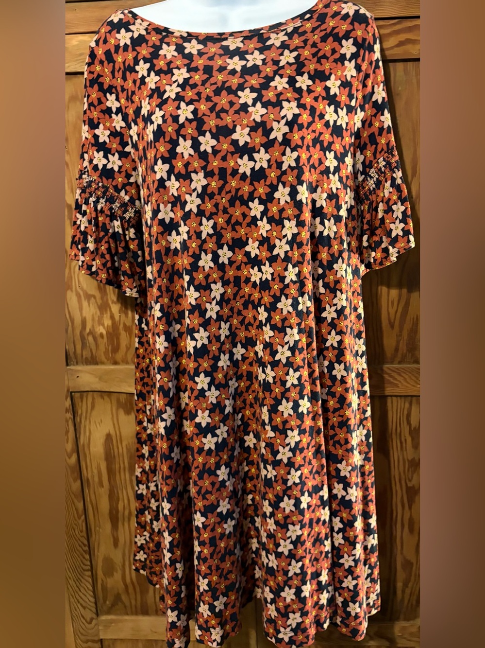 LOFT Navy Dress with Rust & Cream Floral Print. Size medium.  Knee length. VGUC